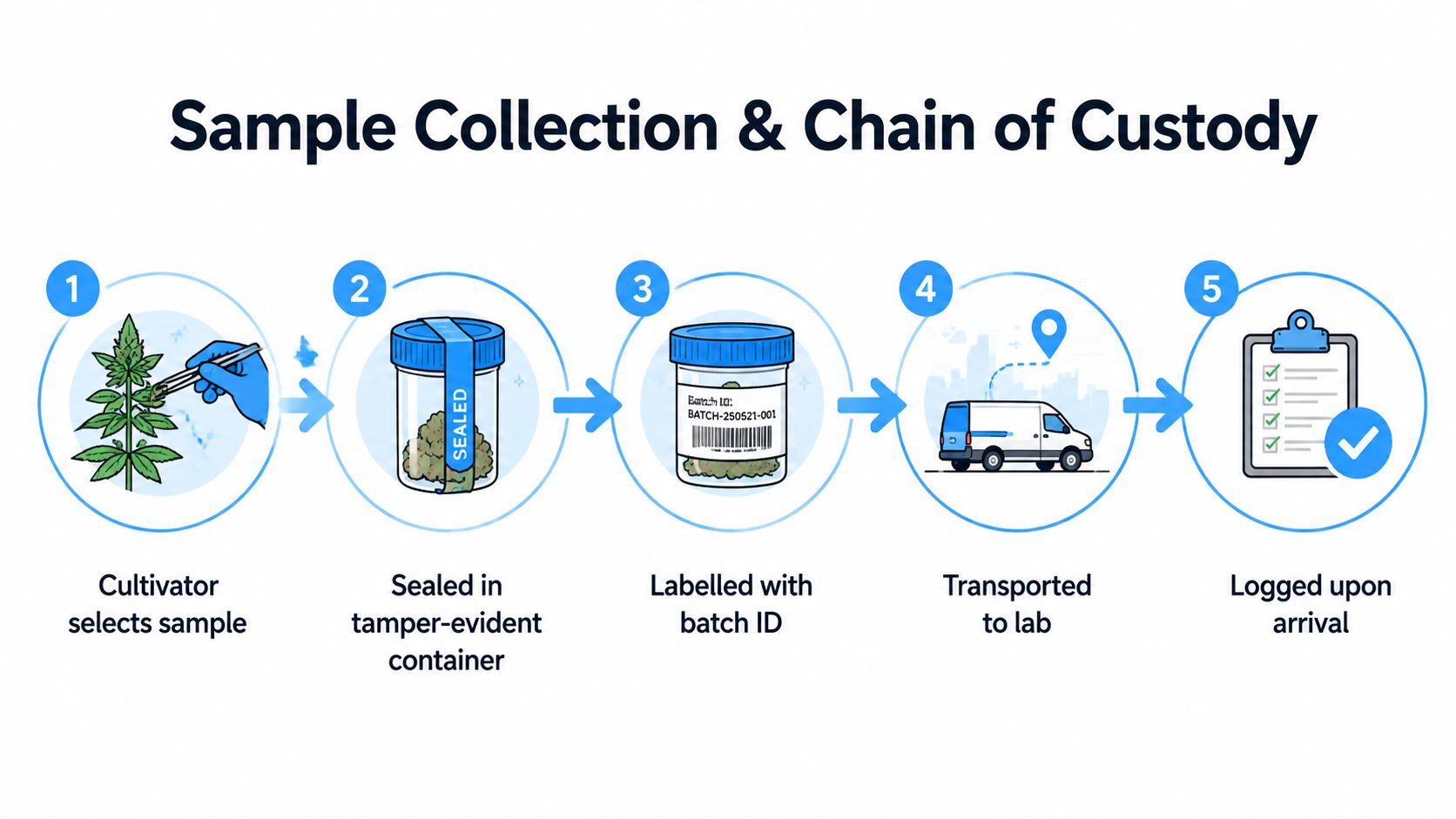 A five-step infographic showing the chain of custody process for collecting and testing cannabis product samples.