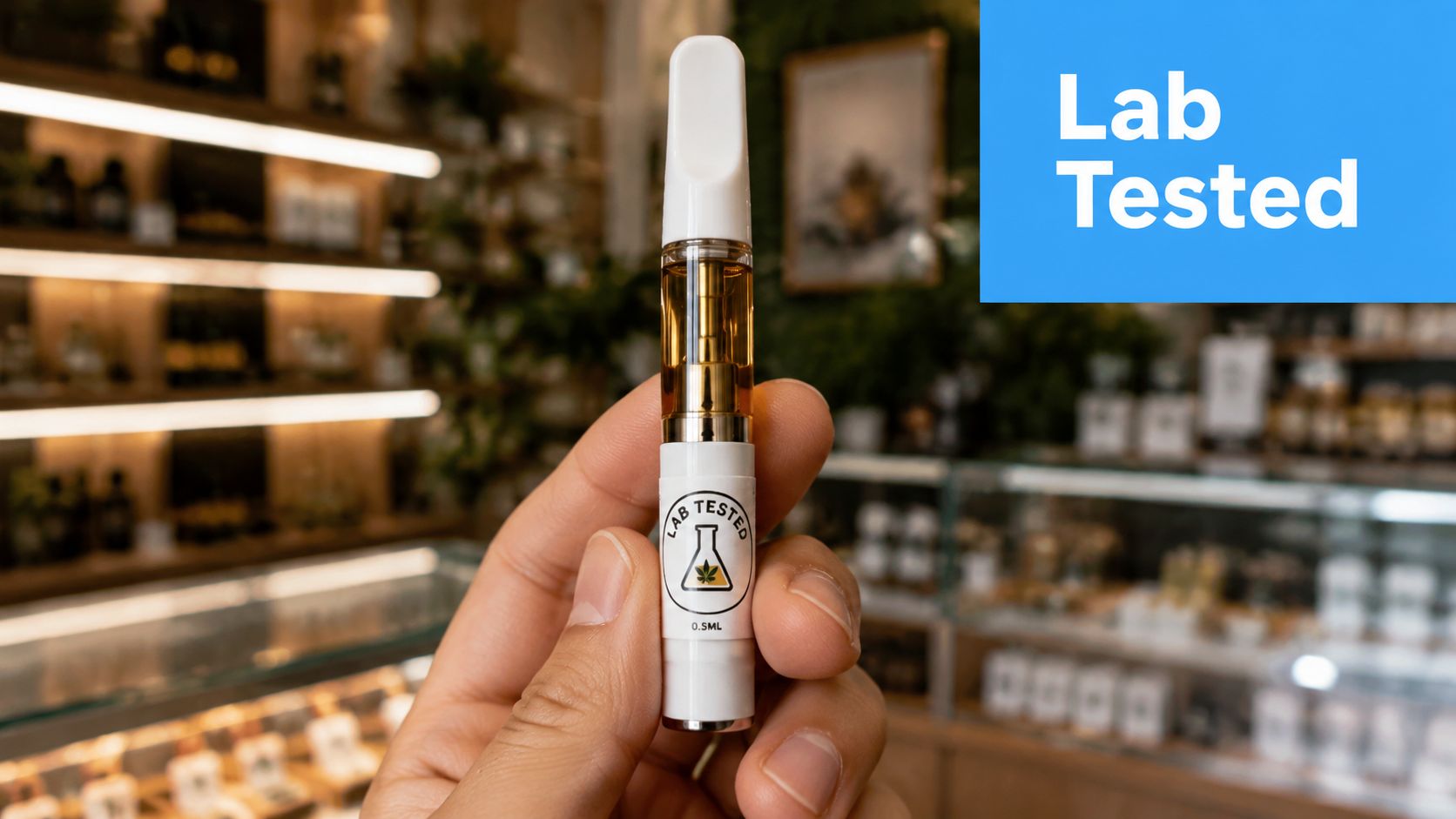 A hand holding a clear vape cartridge with a Lab Tested label in a retail store.