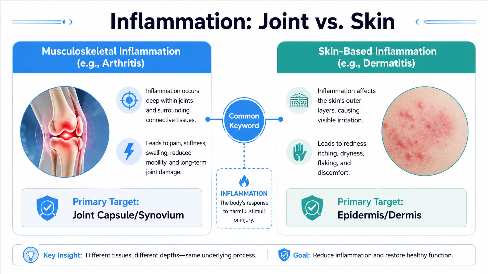 A comparison infographic showing how inflammation affects joints, such as arthritis, and skin, such as dermatitis.
