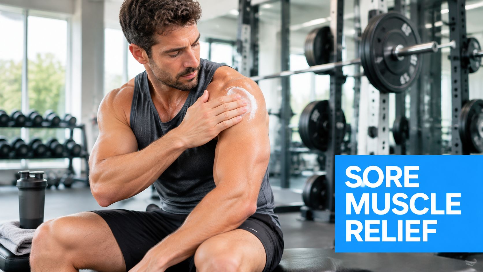 A fit man sitting in a gym applying soothing topical cream onto his sore shoulder muscle.