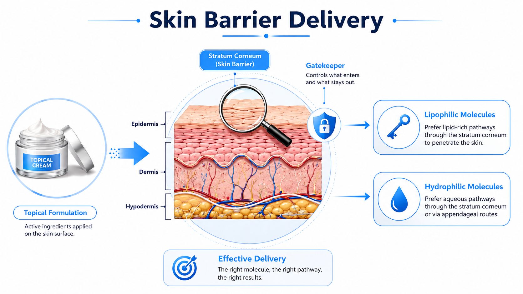 A diagram illustrating skin barrier delivery, showing how topical creams penetrate the epidermis and dermis layers.