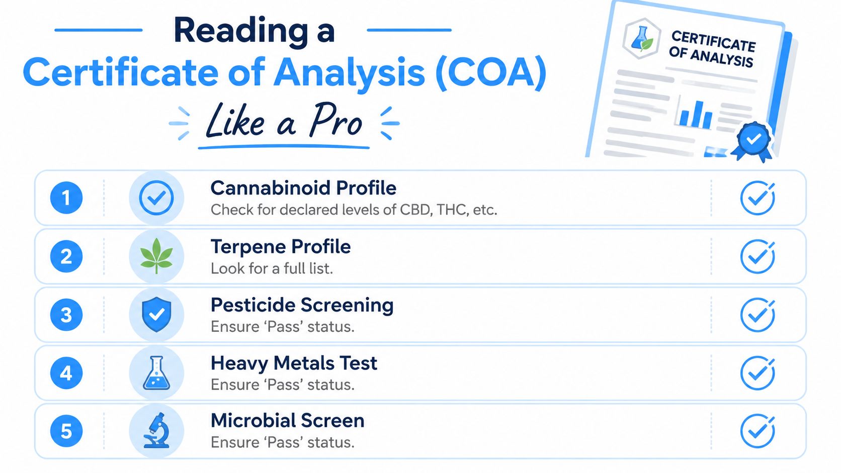 An infographic detailing five key steps to properly read and verify a cannabis Certificate of Analysis report.