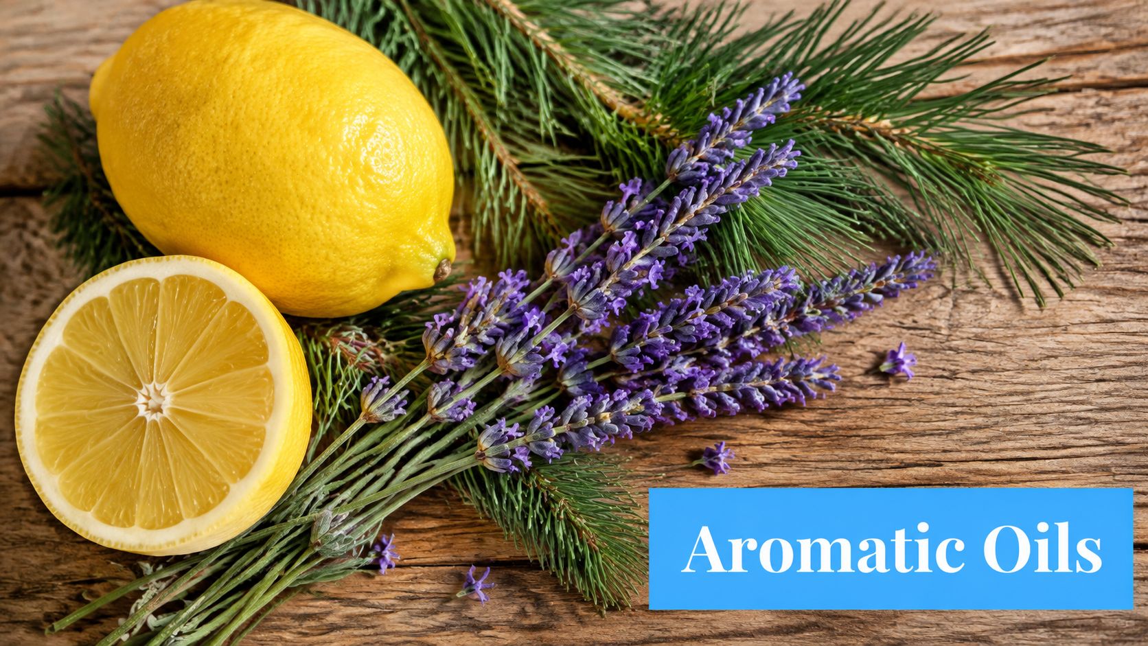 A fresh lemon, lavender sprigs, and pine needles arranged on a rustic wooden table for aromatherapy.