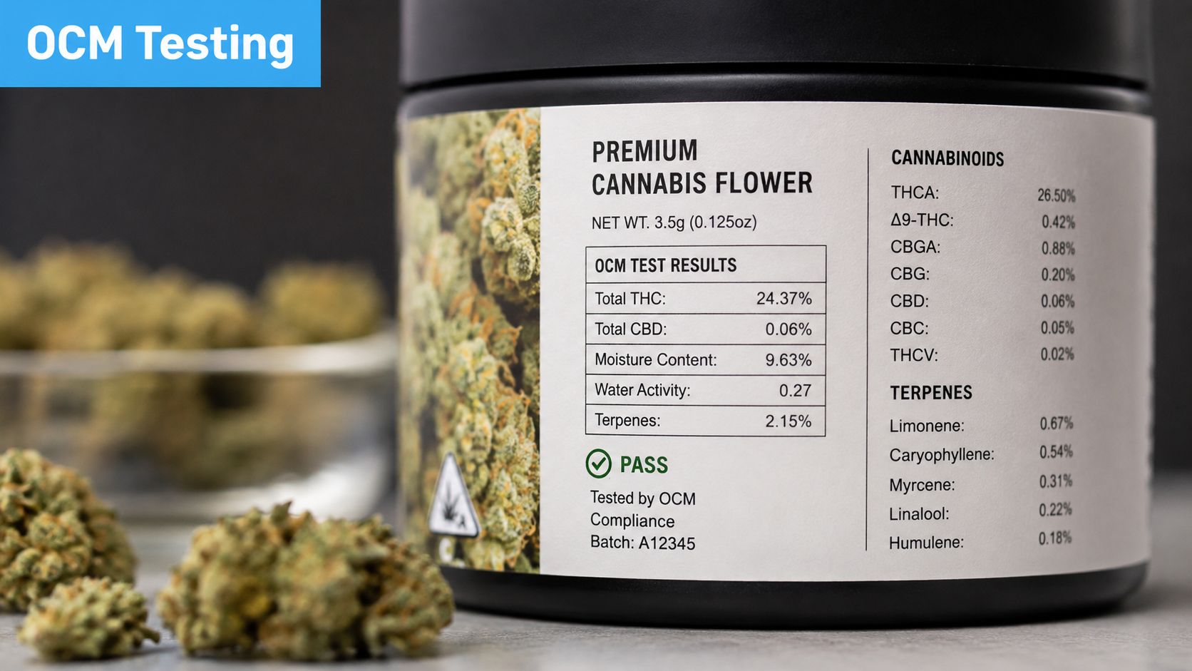 A close-up of a cannabis flower container label displaying lab testing results and cannabinoid content percentages.