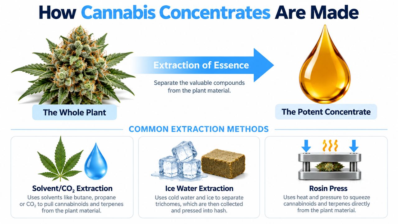 An infographic showing how cannabis concentrates are made through solvent, ice water, and rosin press methods.