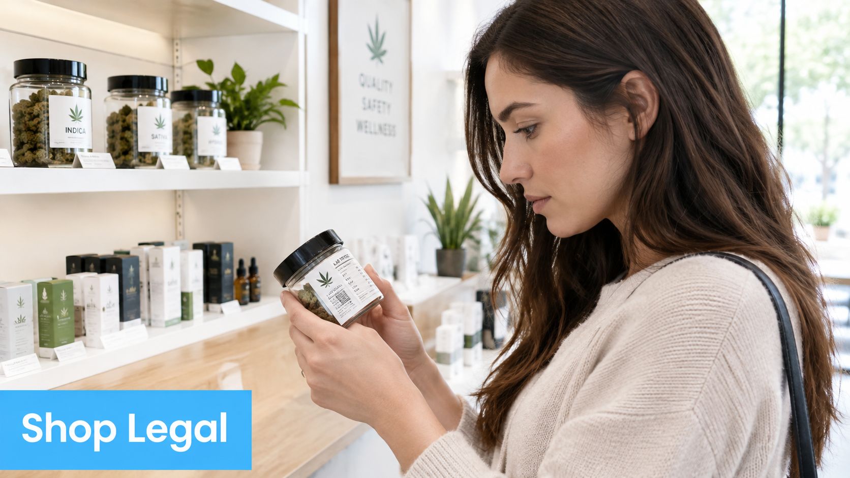 A woman examining a jar of cannabis products in a clean, modern, and professional legal dispensary.