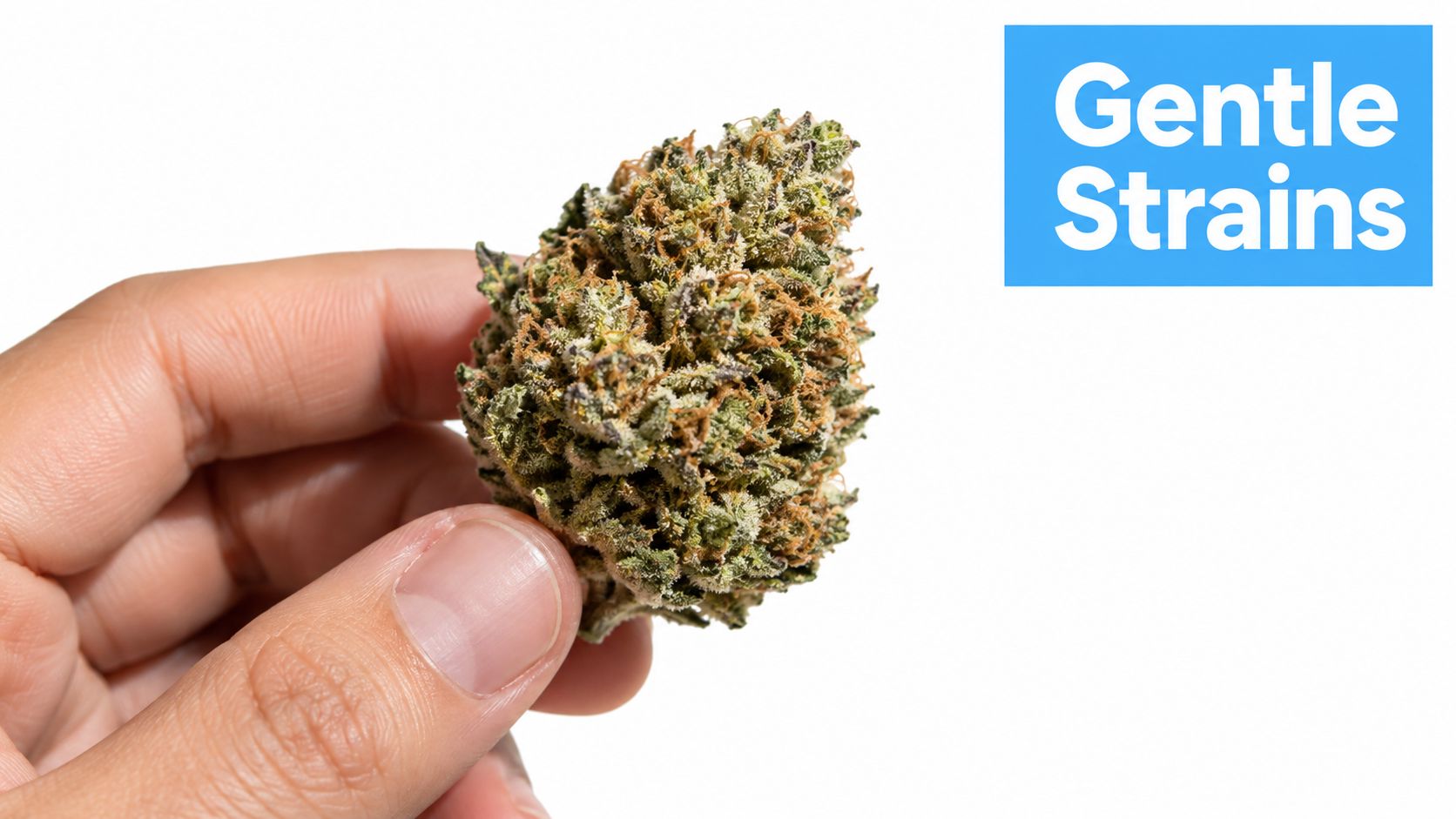 A hand holding a high-quality cannabis flower bud against a white background next to blue text.