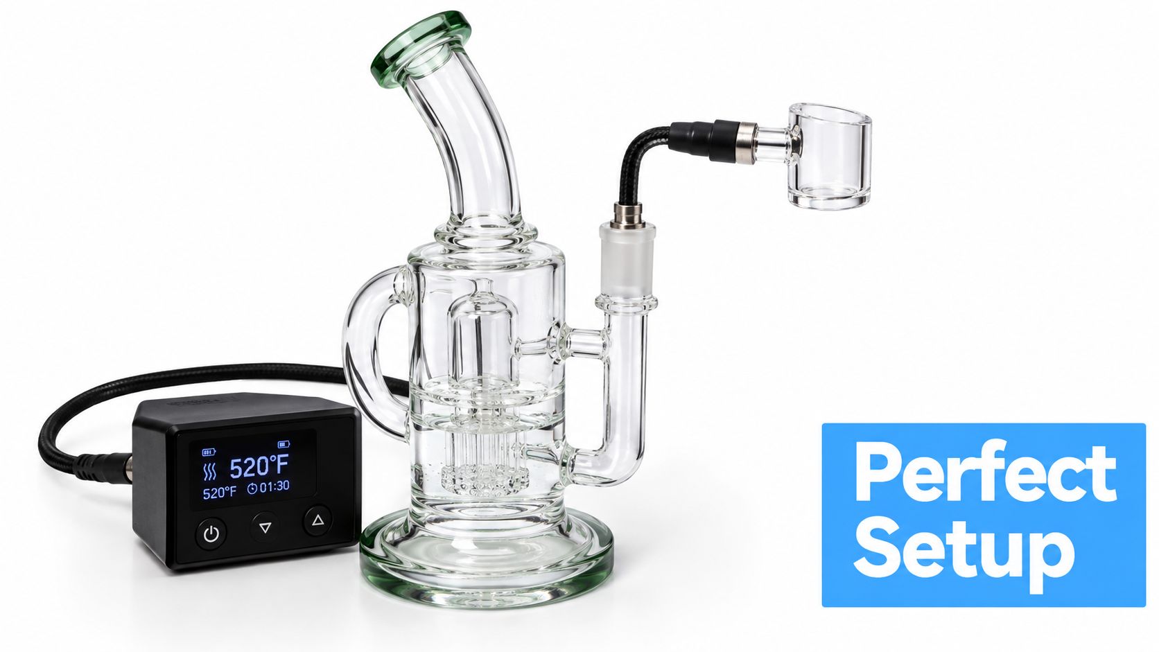 A glass dab rig connected to an electronic nail controller displaying 520 degrees Fahrenheit for vaporizing concentrates.
