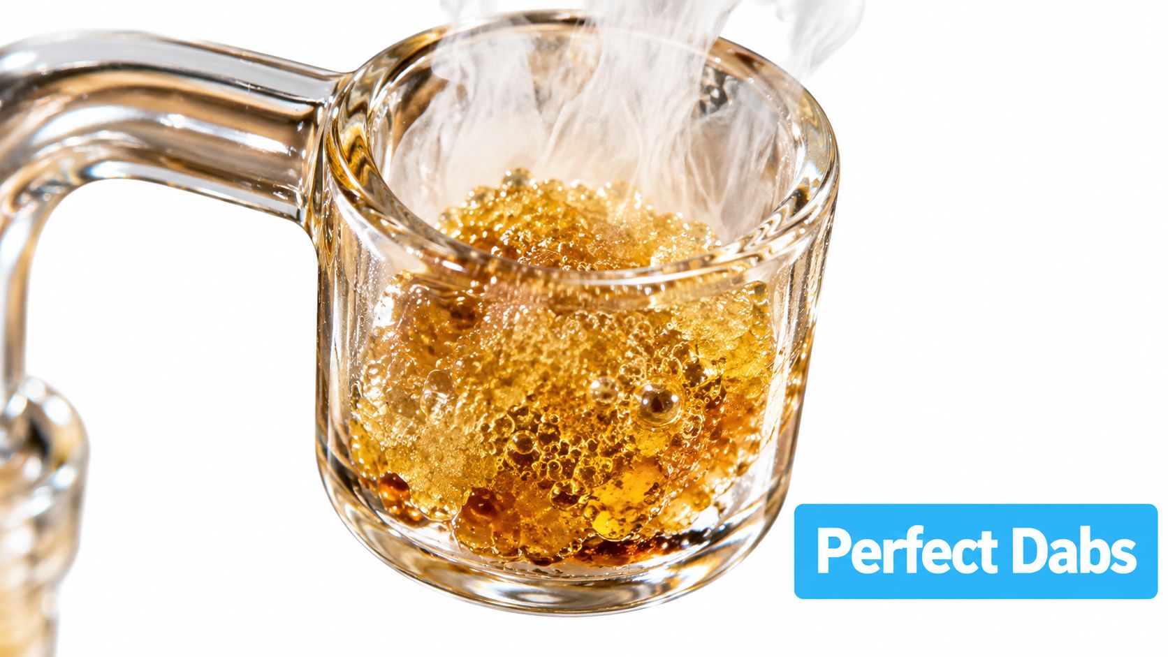 A close-up view of a glass quartz banger bowl with melting, bubbling cannabis concentrate and vapor.