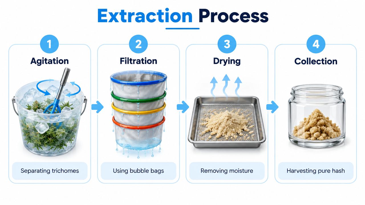 An infographic showing the four-step extraction process of making bubble hash from cannabis plant materials.