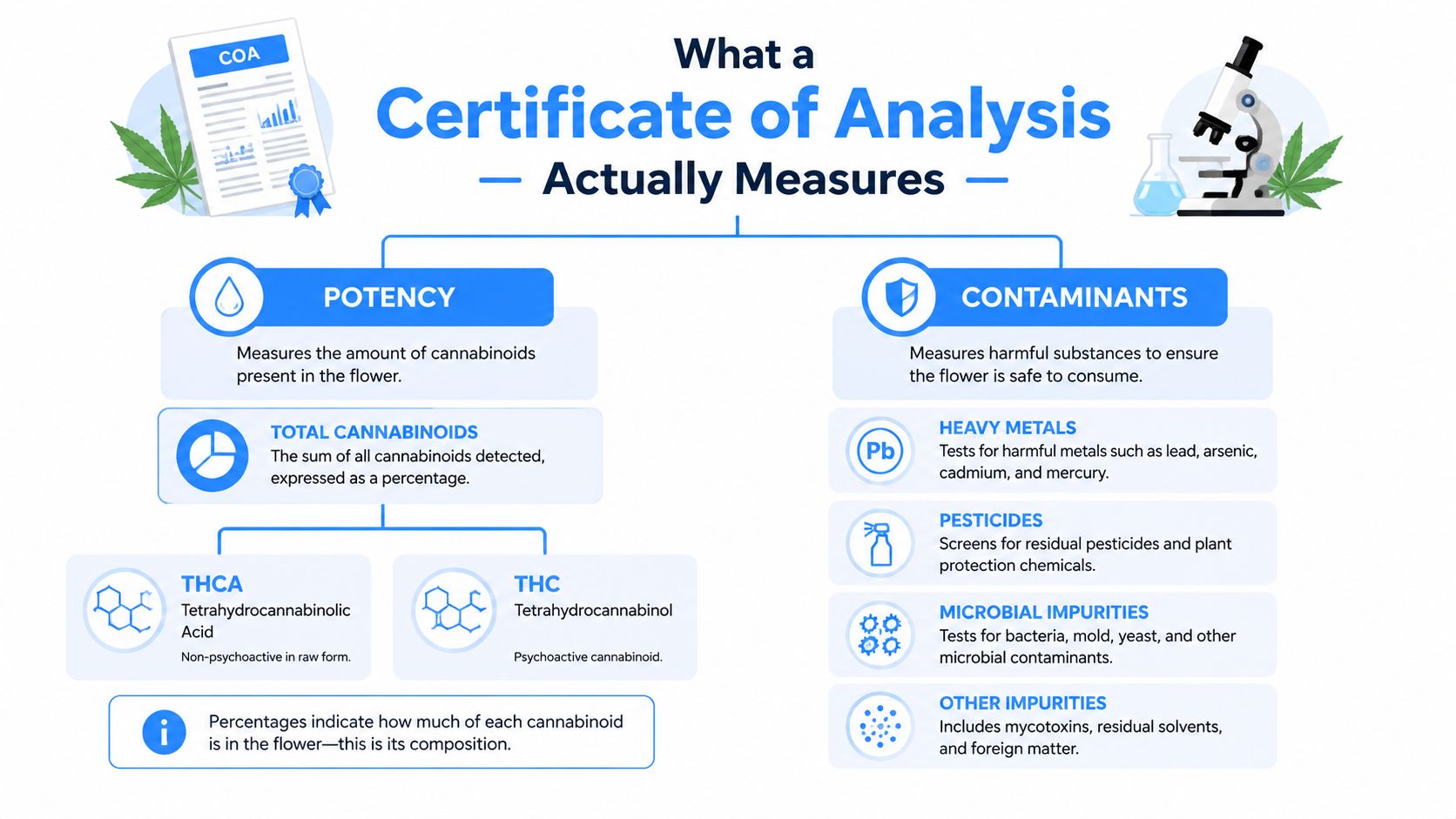 An infographic explaining what a Certificate of Analysis measures regarding cannabis potency and safety contaminants.