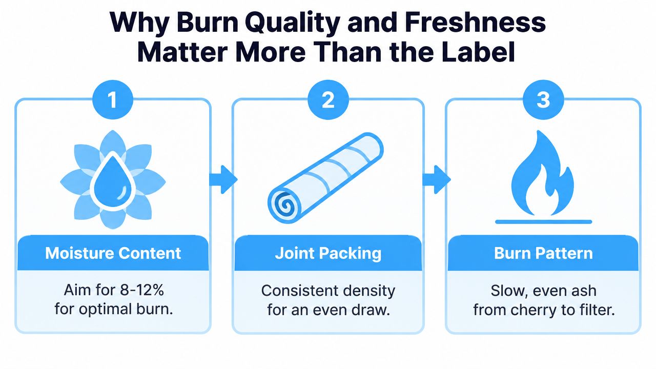 An infographic showing that moisture content, joint packing, and burn pattern determine high-quality cannabis pre-rolls.