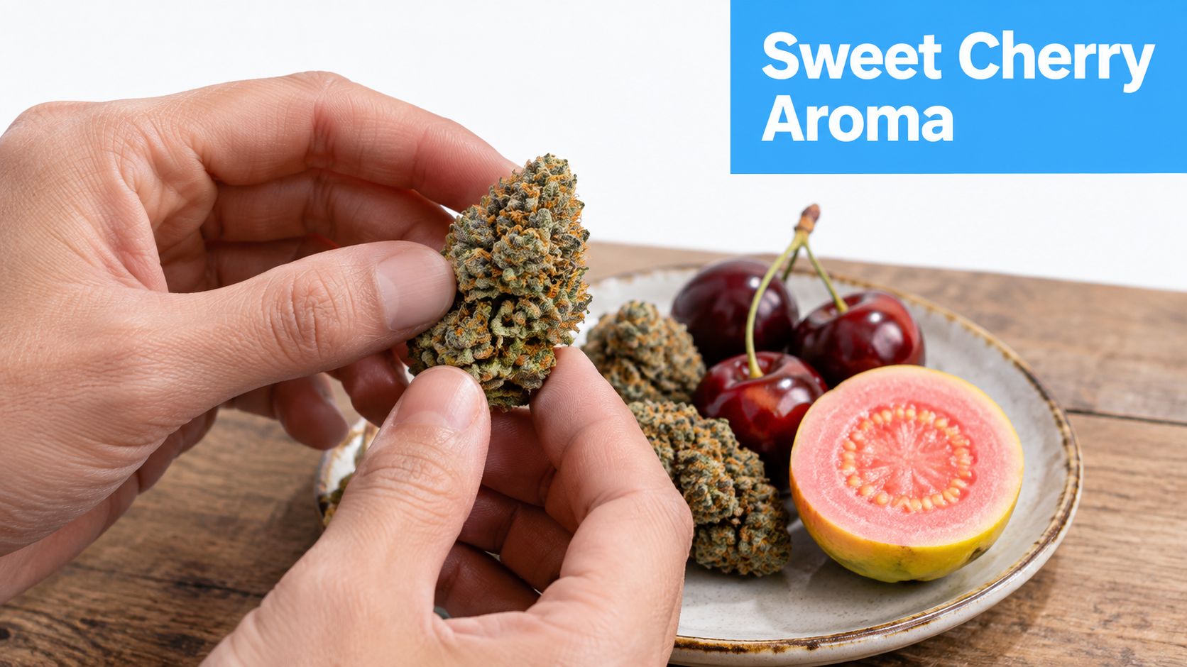A hand holding a cannabis bud next to a plate with fresh cherries and sliced guava.