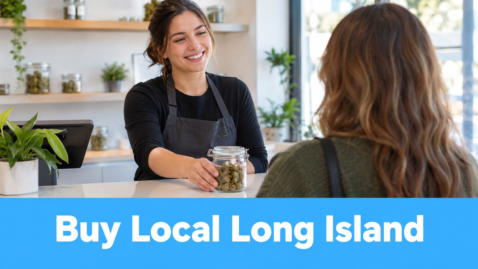 A friendly female employee wearing an apron assists a customer at a cannabis dispensary counter.