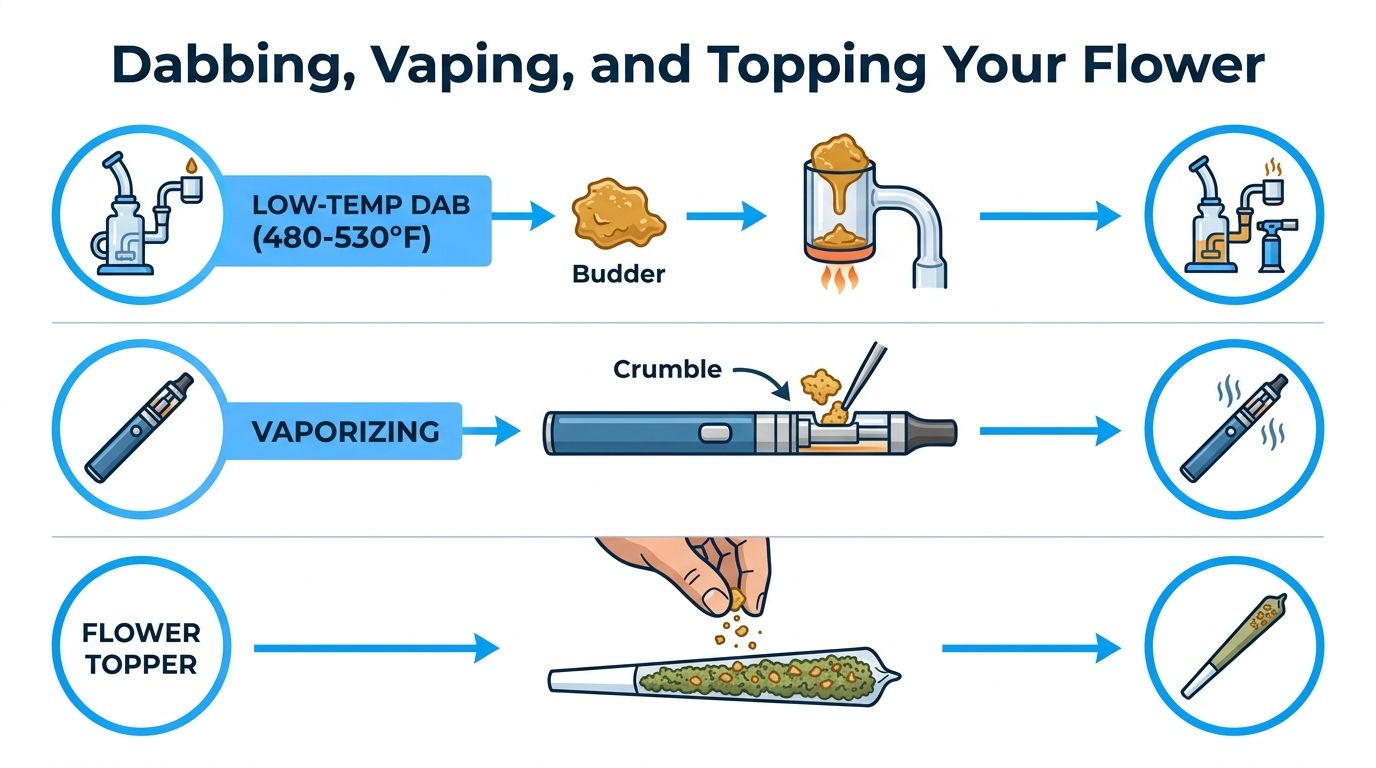 An infographic illustrating three methods for using cannabis concentrates: low-temp dabbing, vaporizing with a pen, and flower topping.