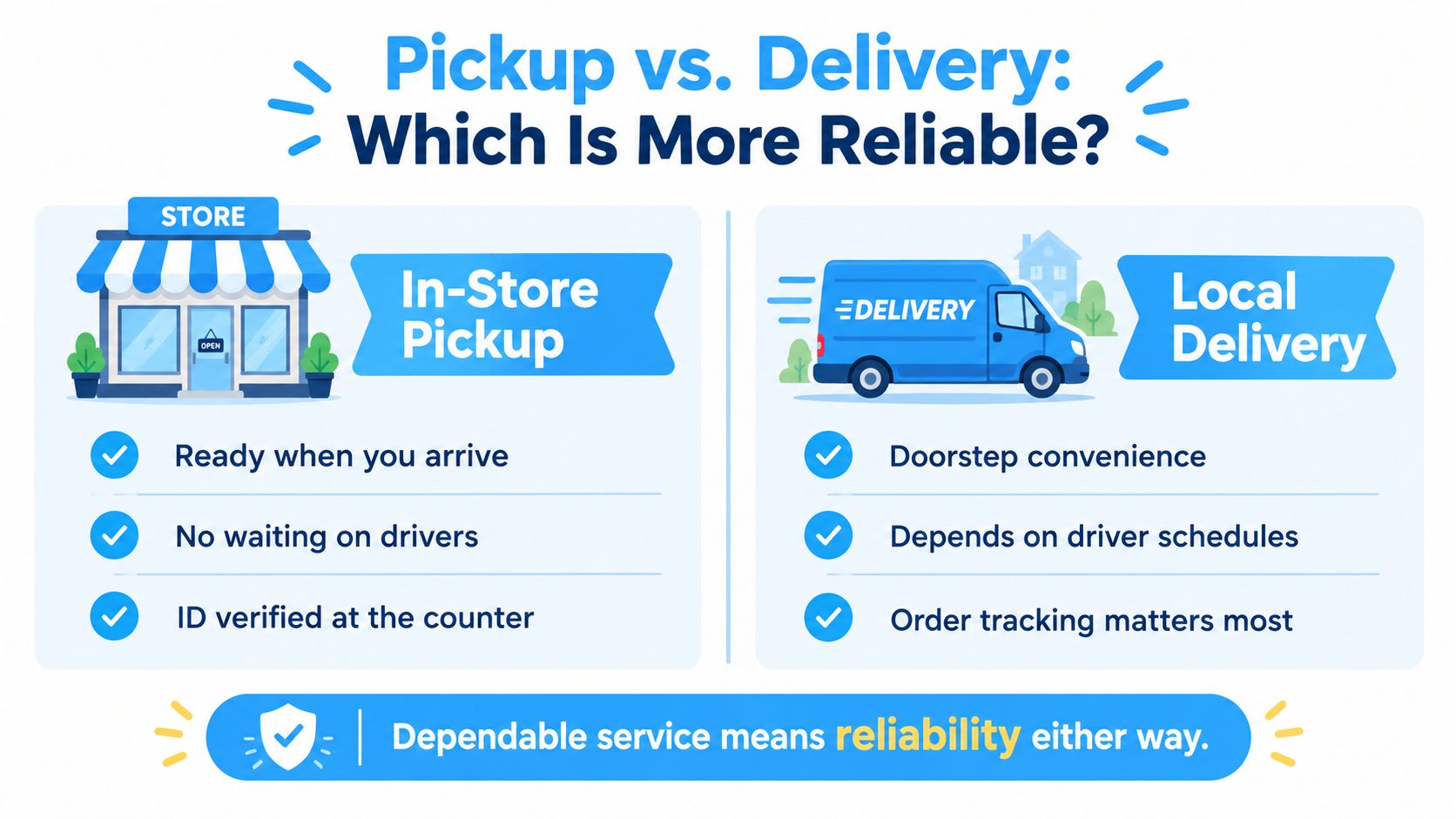 An infographic comparing in-store pickup and local delivery services to determine which option is more reliable.