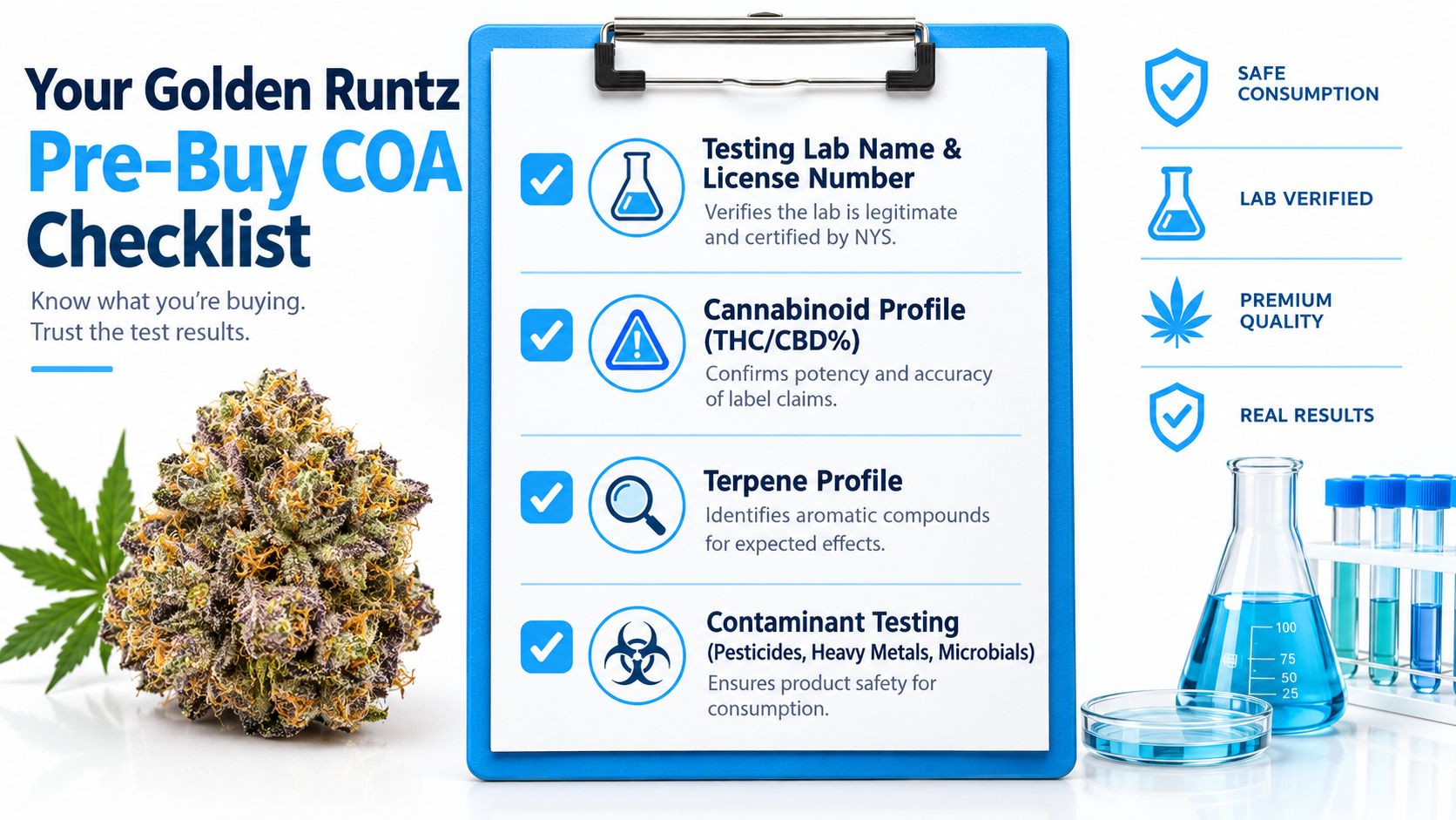 An infographic checklist for evaluating Golden Runtz cannabis product Certificates of Analysis before making a purchase.