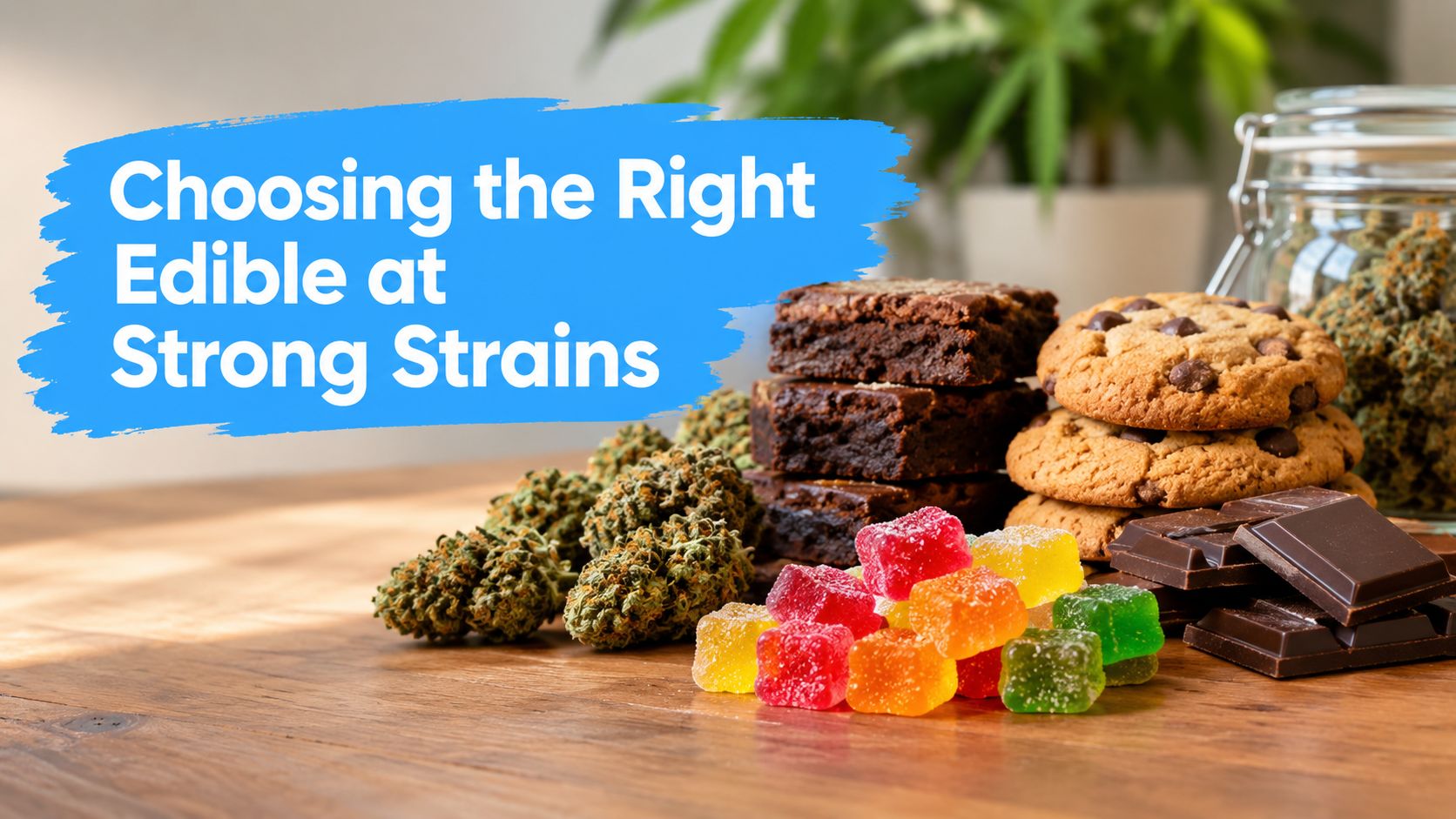 A wooden table featuring cannabis buds, chocolate brownies, cookies, chocolate bars, and colorful gummy candies for consumption.