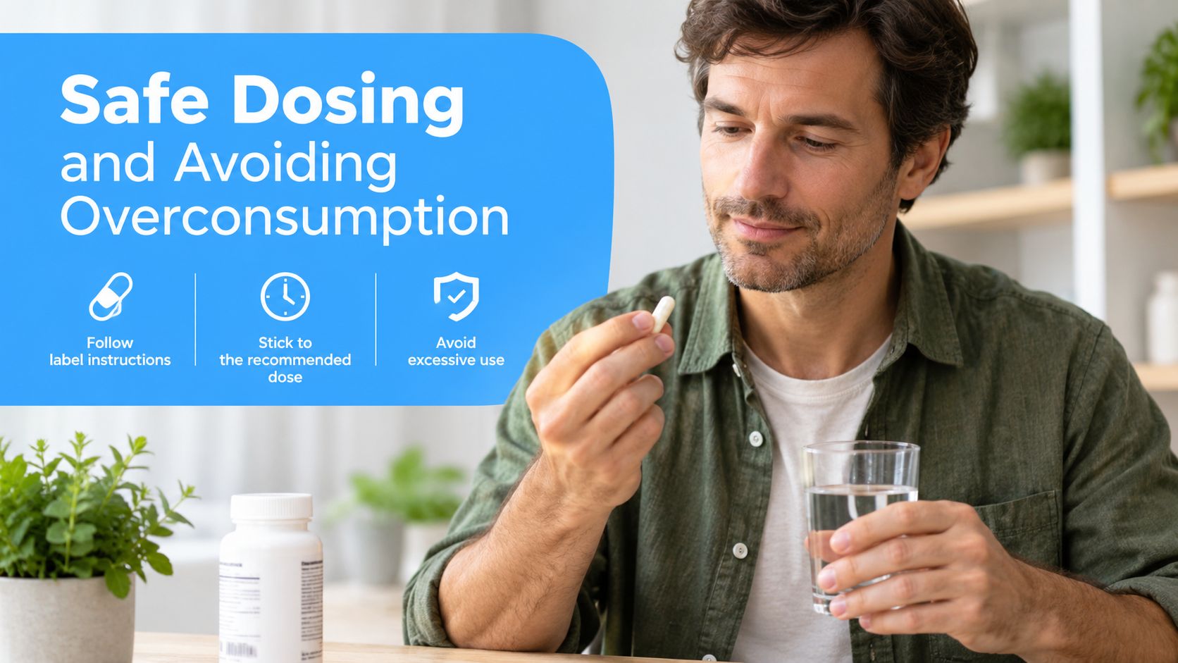 A man in a green shirt holding a white pill and a glass of water for dosage.