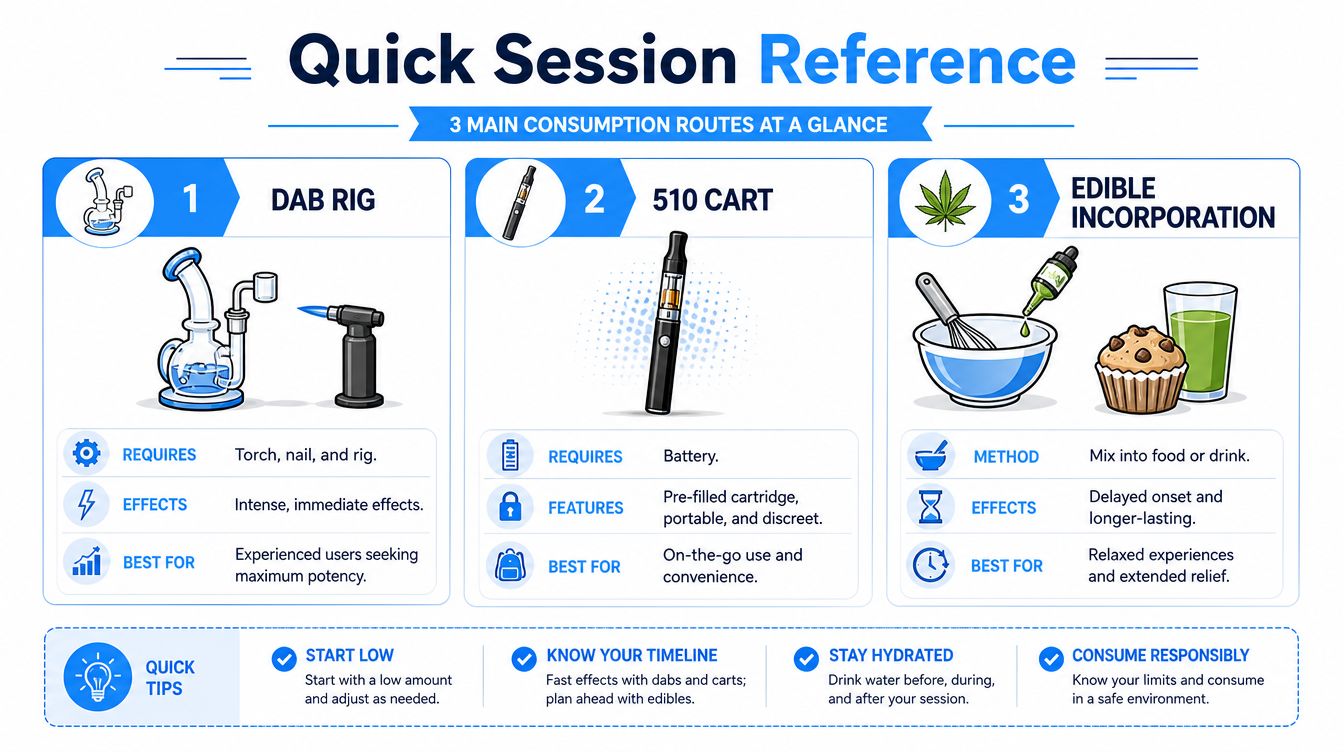A quick reference chart comparing three common cannabis consumption methods: dab rigs, 510 vape cartridges, and edibles.