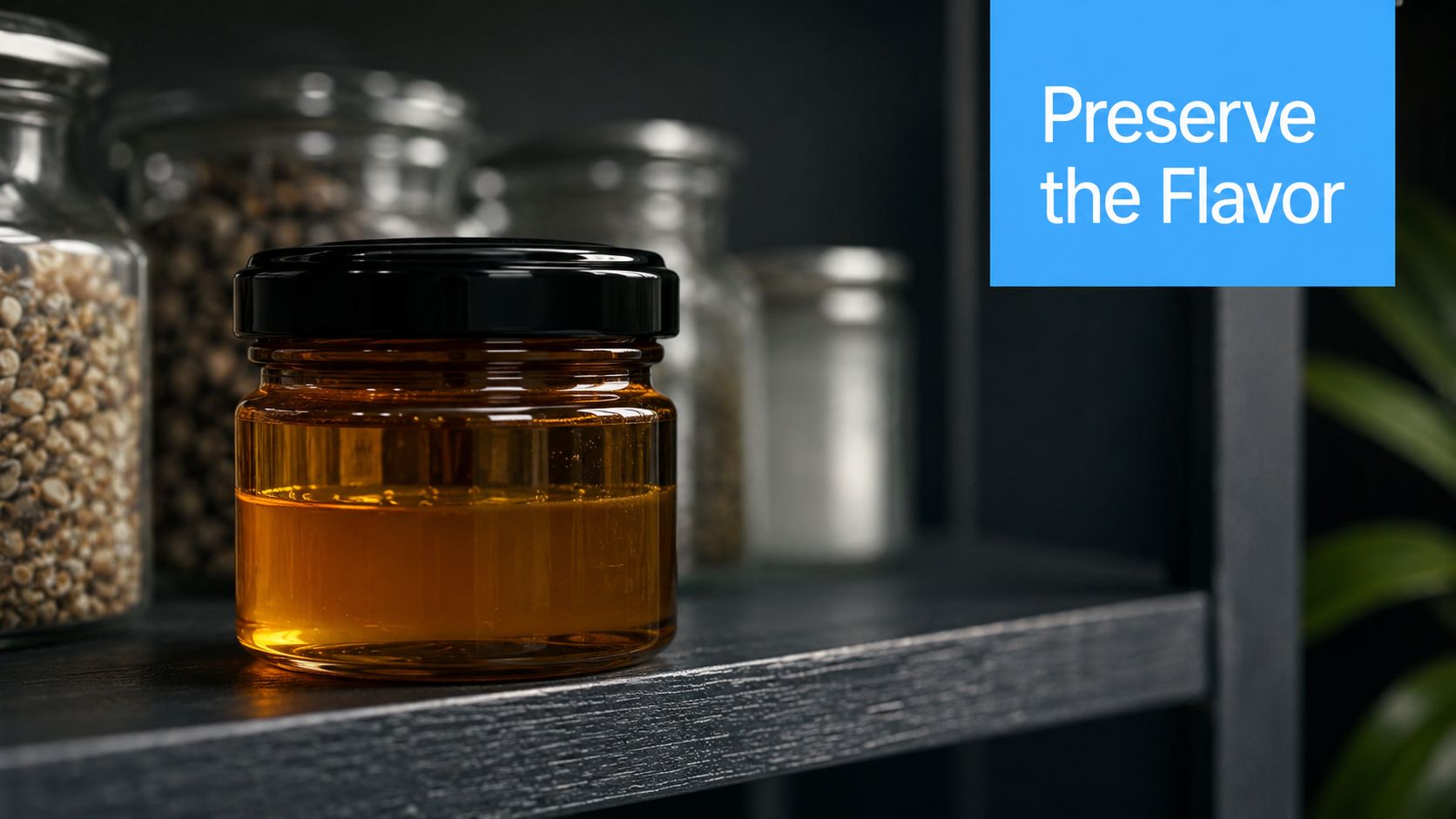 An amber glass jar containing golden liquid rosin sitting on a shelf with spices in the background.