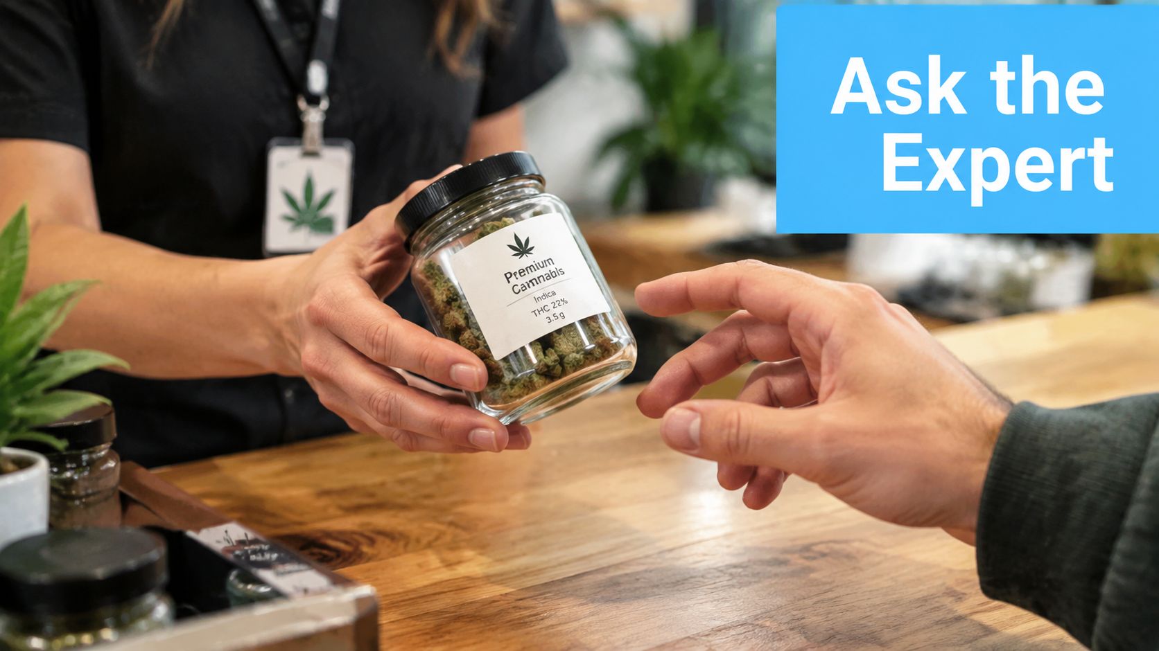 A dispensary worker hands a jar of premium cannabis to a customer at a wooden counter.