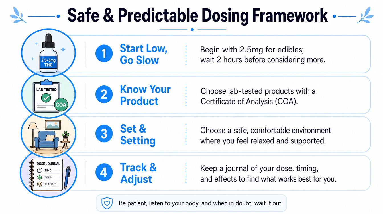 An infographic titled Safe & Predictable Dosing Framework providing four steps for safely consuming cannabis products.