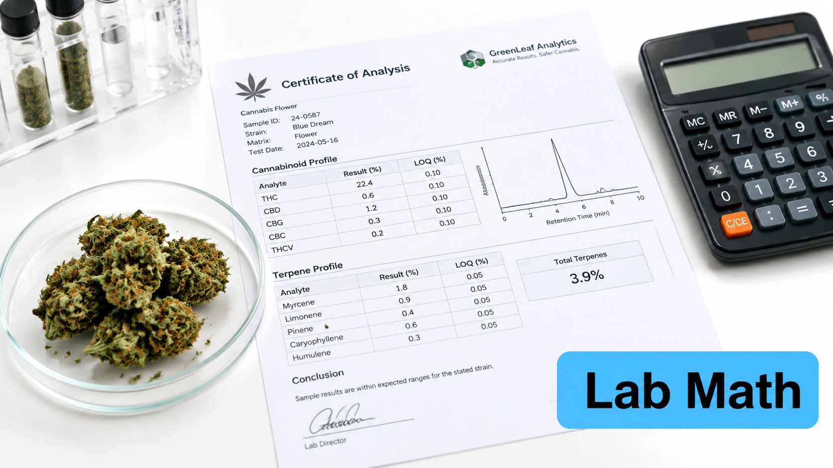 A Certificate of Analysis document for cannabis flower displayed with lab equipment, marijuana buds, and a calculator.