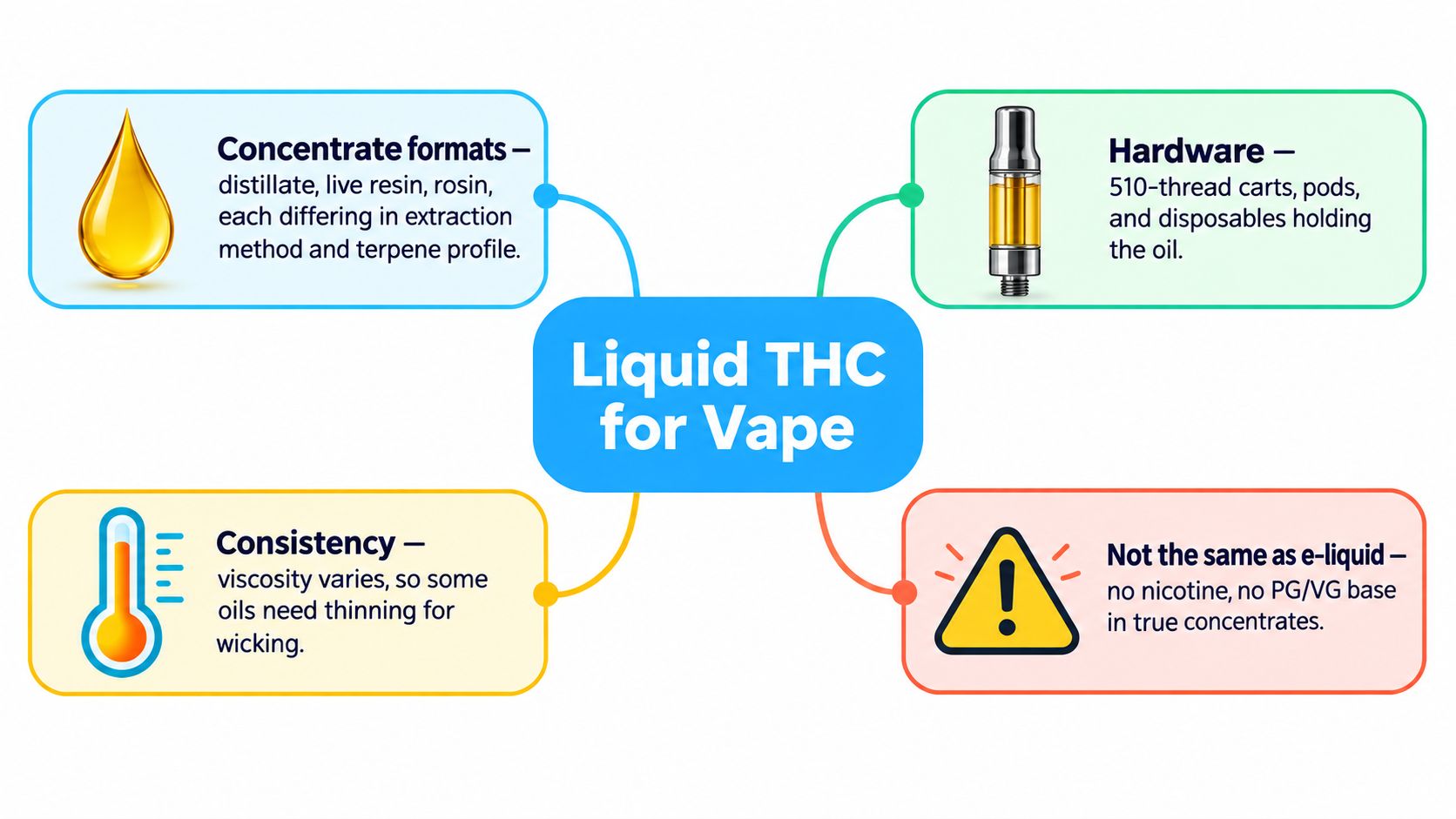 A diagram illustrating the key components and considerations of liquid THC for use in vaping devices.