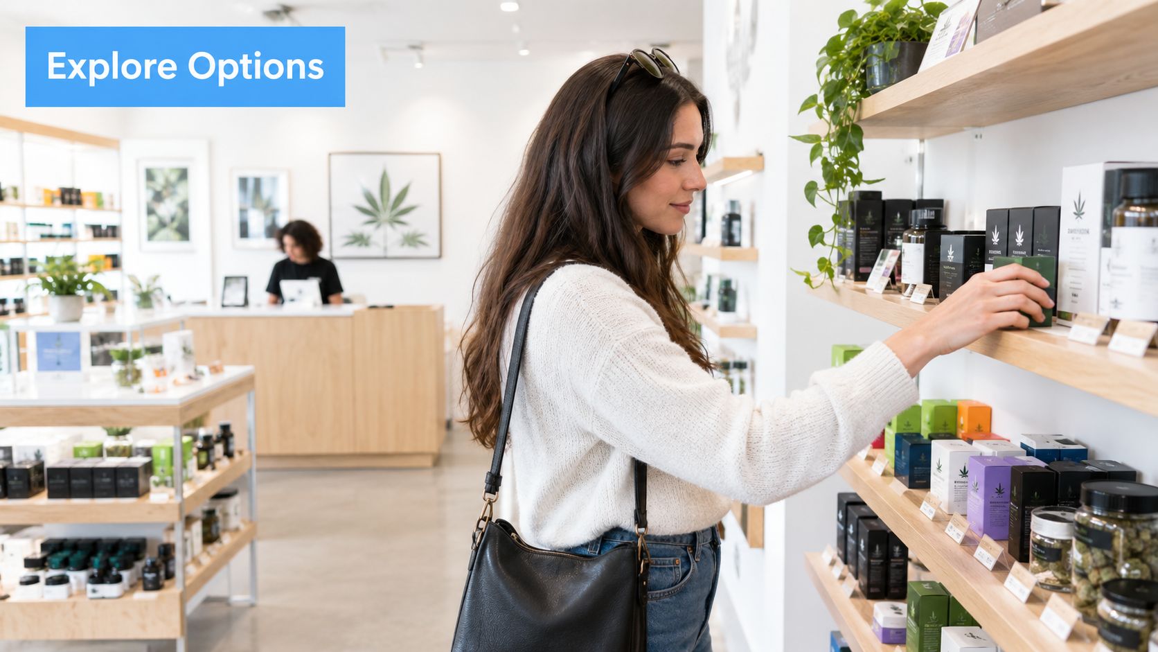 A young woman browsing a selection of wellness products on a wooden store shelf.