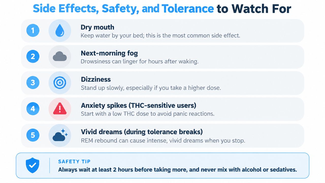 A safety infographic titled Side Effects, Safety, and Tolerance to Watch For while using cannabis gummies.