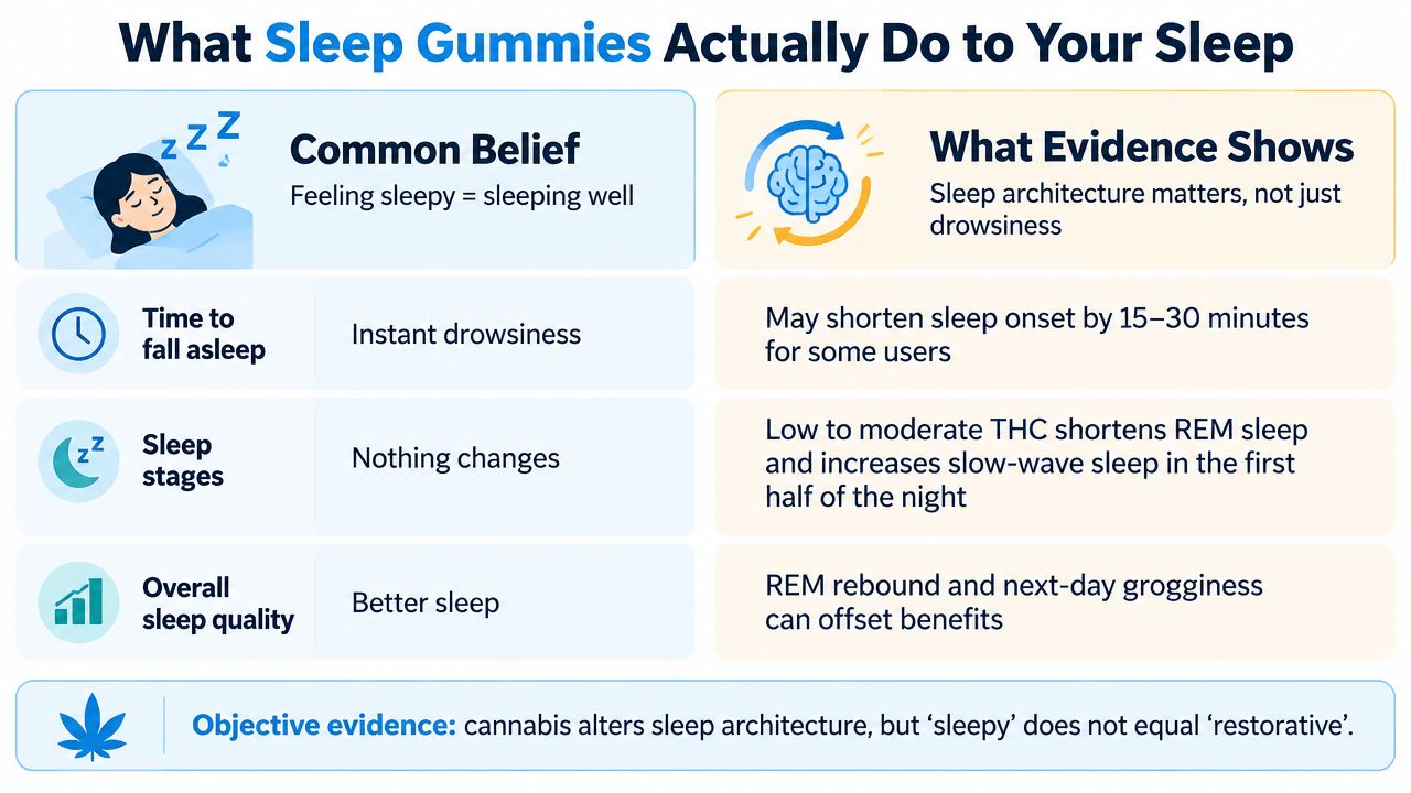 An infographic comparing common beliefs about sleep gummies versus the scientific evidence regarding cannabis and sleep quality.