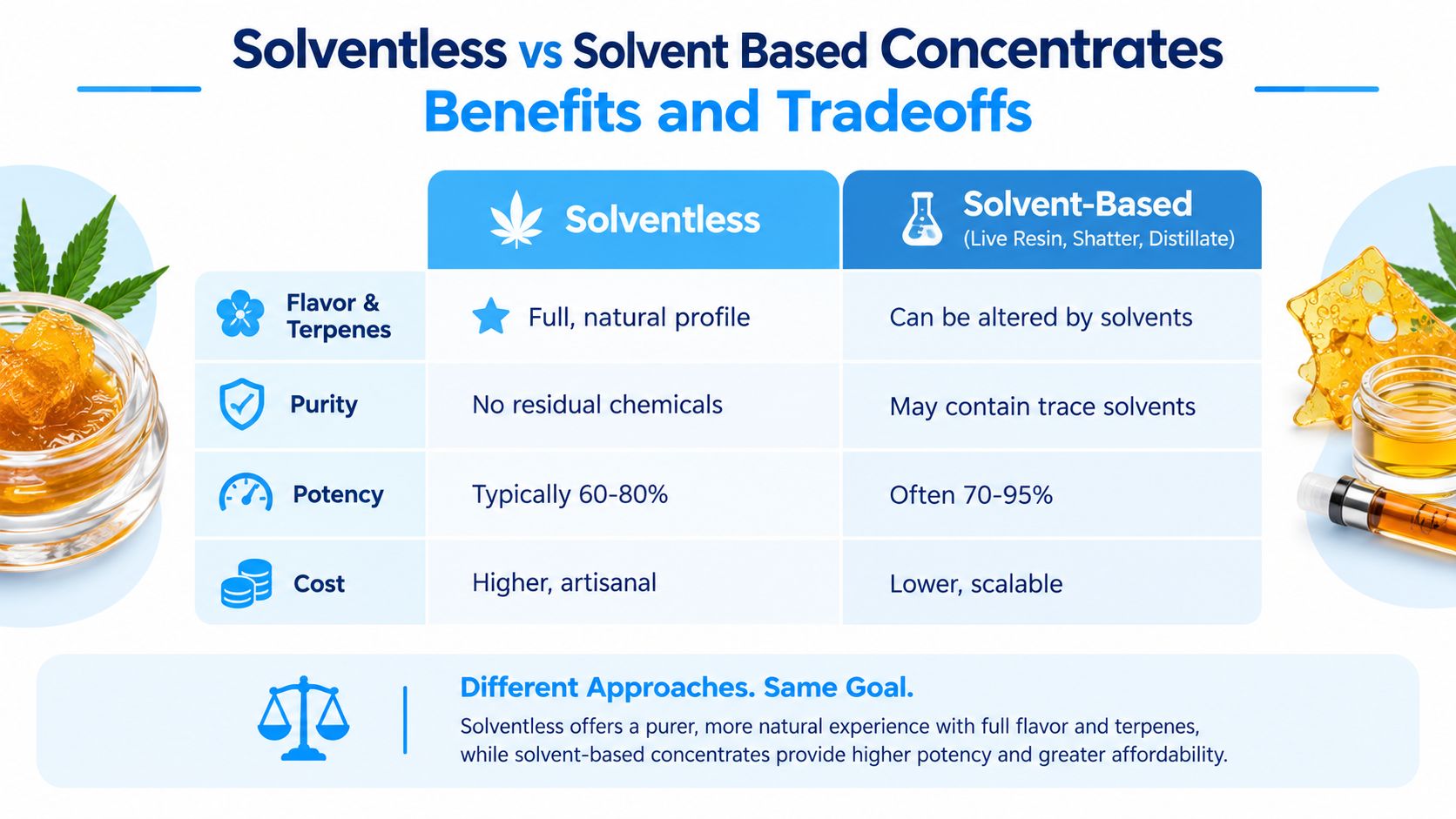 A comparison chart showing the differences between solventless and solvent-based cannabis concentrates including flavor, purity, potency, and cost.