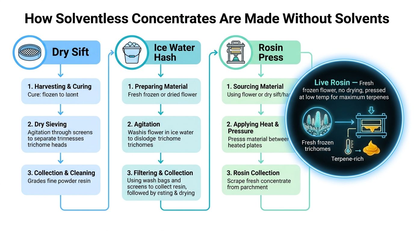 An infographic detailing the production processes for solventless concentrates, including dry sift, ice water hash, and rosin.
