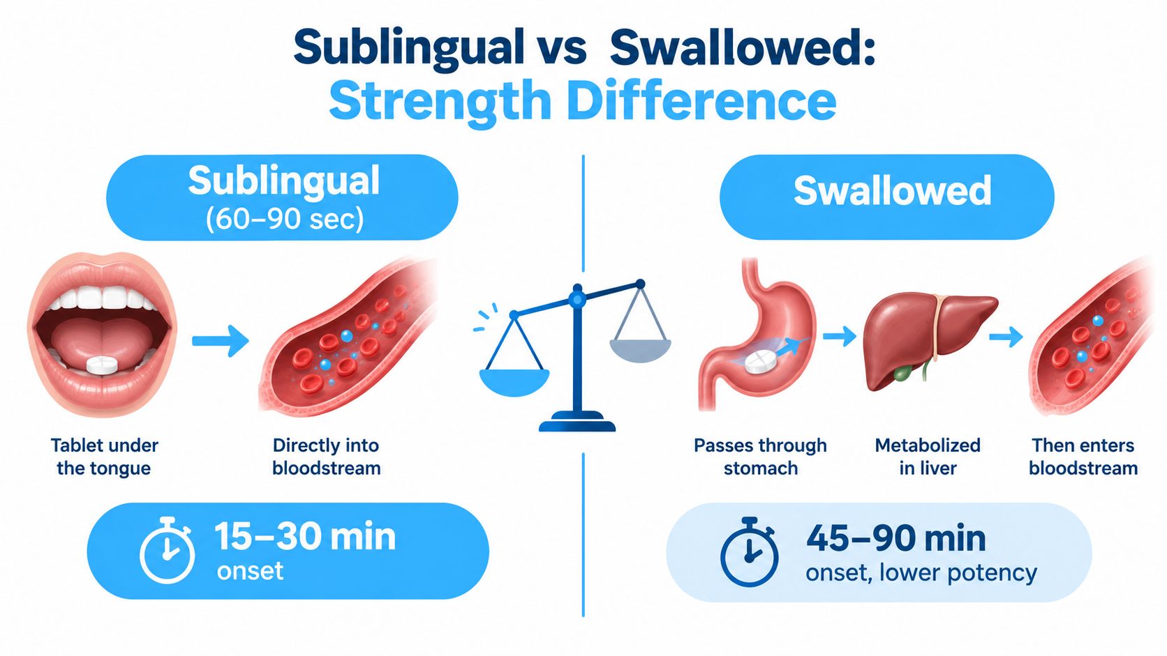 A comparison chart showing how sublingual tablets enter the bloodstream faster and stronger than swallowed medication.