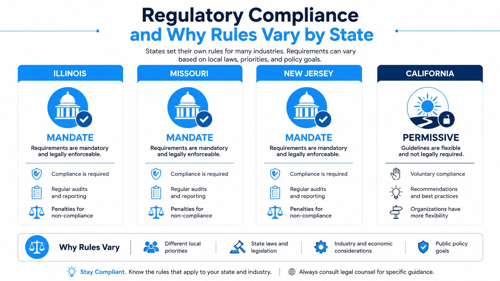 An infographic showing that regulatory compliance varies by state, comparing mandatory versus permissive rules in four states.