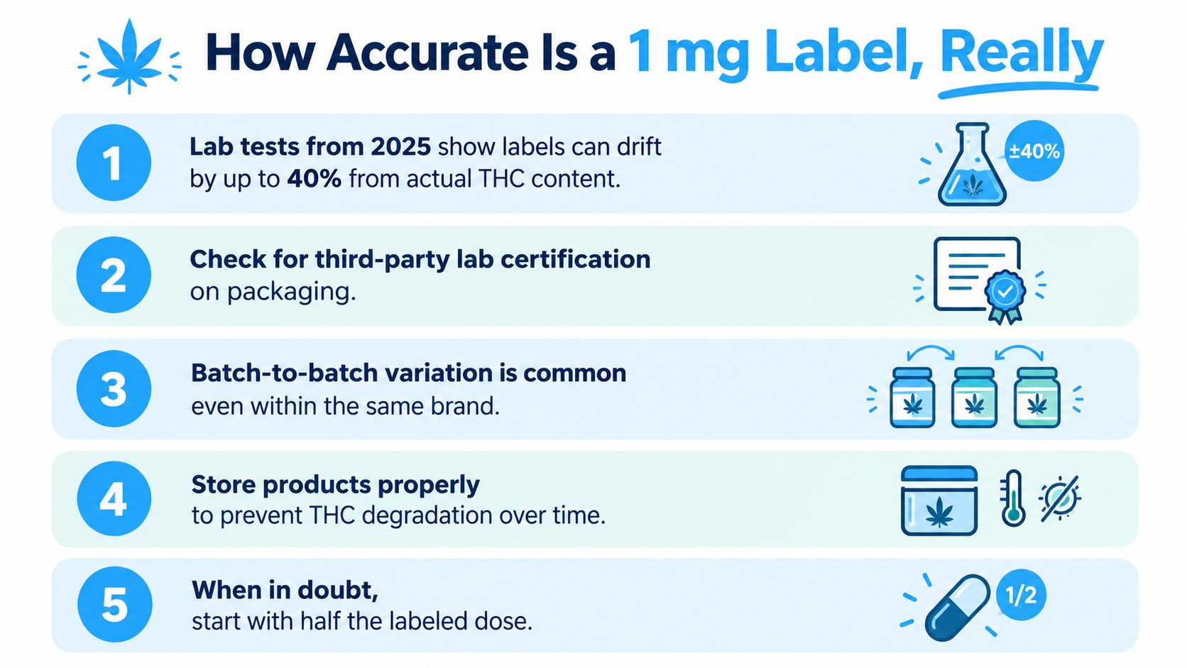 An infographic titled How Accurate Is a 1 mg Label, Really, listing five tips for managing cannabis dosage.