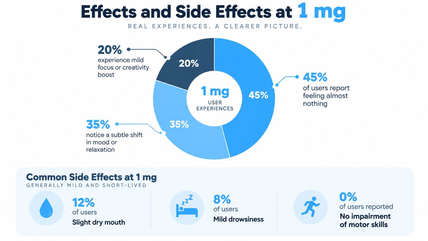 A pie chart displaying user experiences and common side effects of a 1 mg dose of substance.