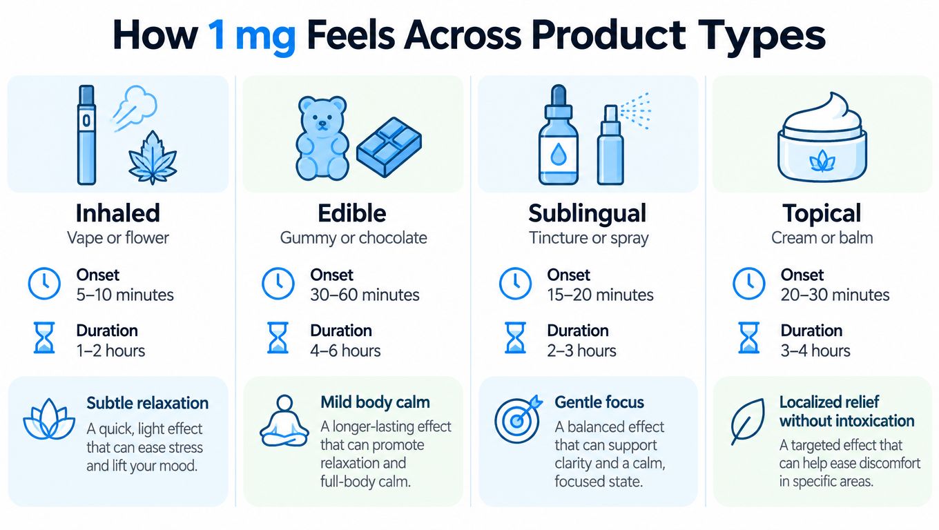 An infographic illustrating the onset, duration, and effects of 1 mg THC across different product types including inhaled, edible, sublingual, and topical methods.