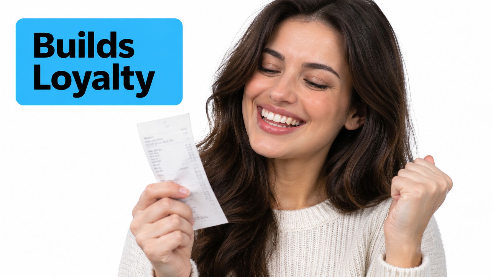 A happy woman holding a retail receipt while celebrating with a smile, isolated on a white background.