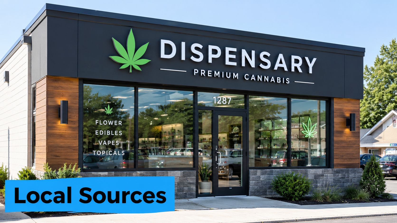Exterior view of a modern cannabis dispensary storefront featuring a green leaf logo and storefront signage.