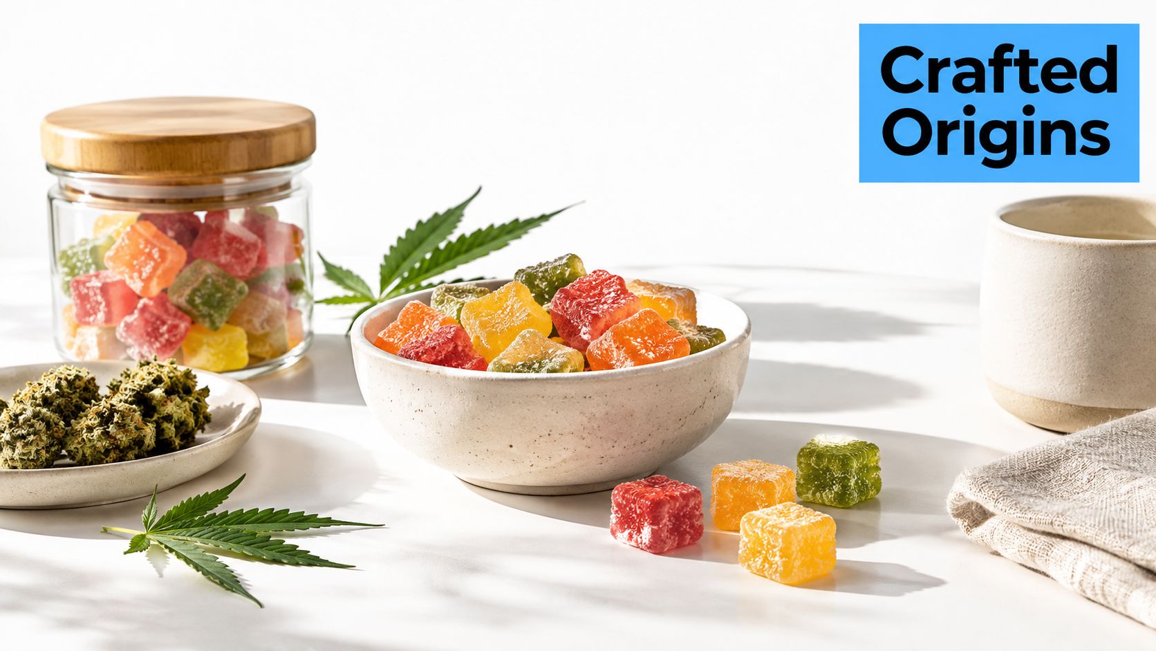 A glass jar and bowl filled with colorful gummy cubes, dried cannabis flowers, and leaves on a table.