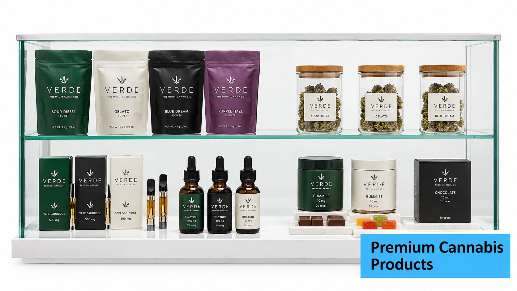 A display case showcasing Verde premium cannabis products including flower pouches, glass jars, tinctures, vape cartridges, and edibles.