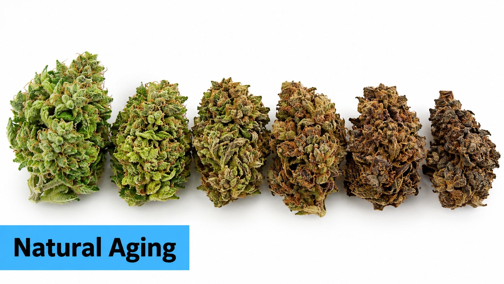 A row of six cannabis flower buds showing different stages of color degradation from fresh green to aged brown.