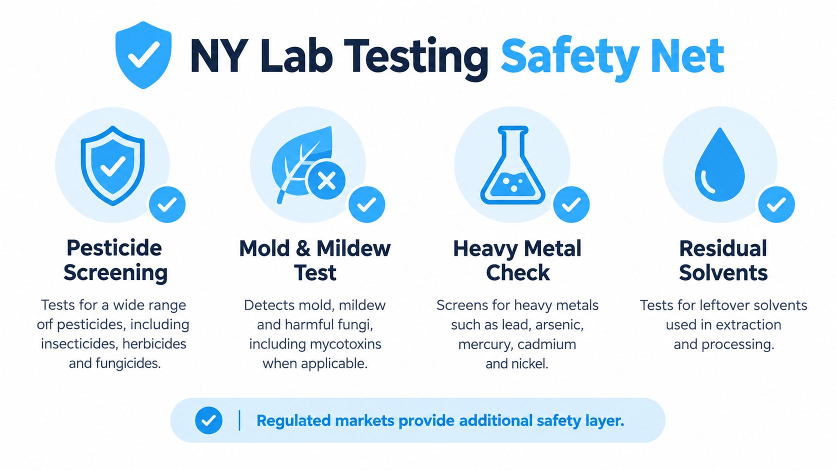 An infographic detailing the NY lab testing safety net for cannabis including pesticide, mold, metal, and solvent screenings.