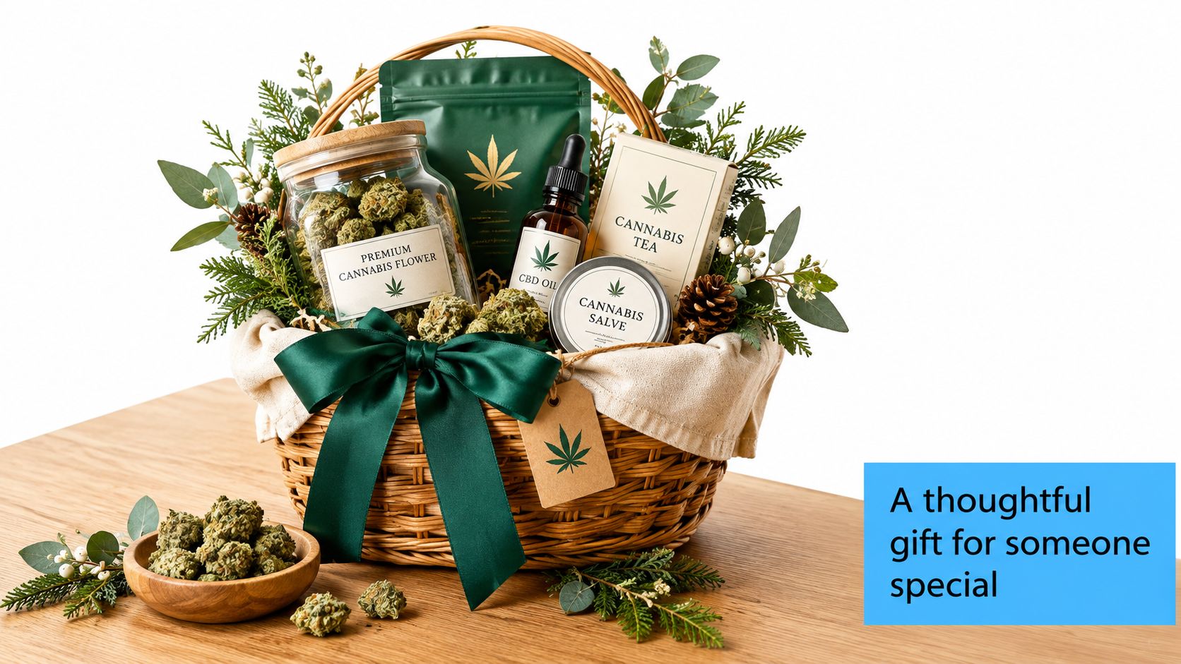A rustic wicker gift basket filled with premium cannabis products, herbal tea, oil, and decorative greenery.