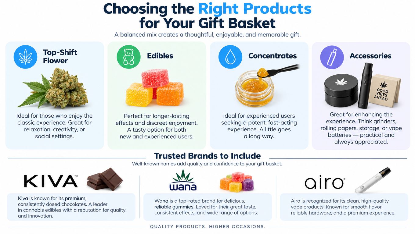 An infographic showing product recommendations and trusted brands for creating a thoughtful cannabis-themed gift basket.
