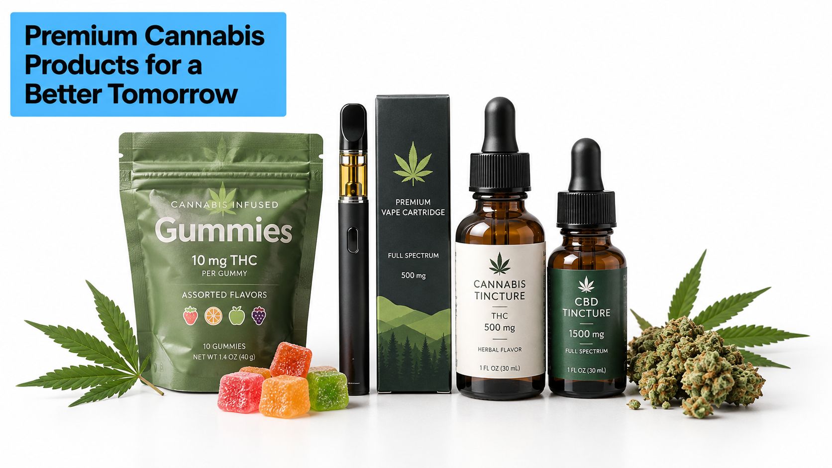 A collection of various premium cannabis products including gummies, a vape cartridge, and tinctures on white.