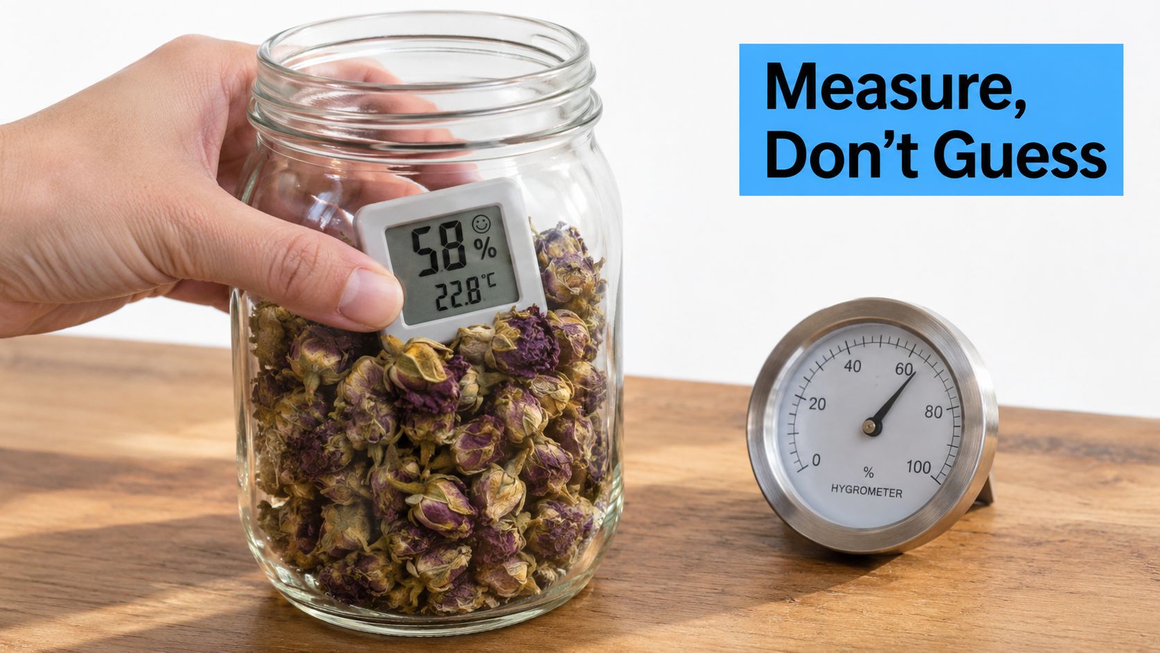 A hand holding a glass jar filled with dried flowers and a digital hygrometer indicating humidity levels.