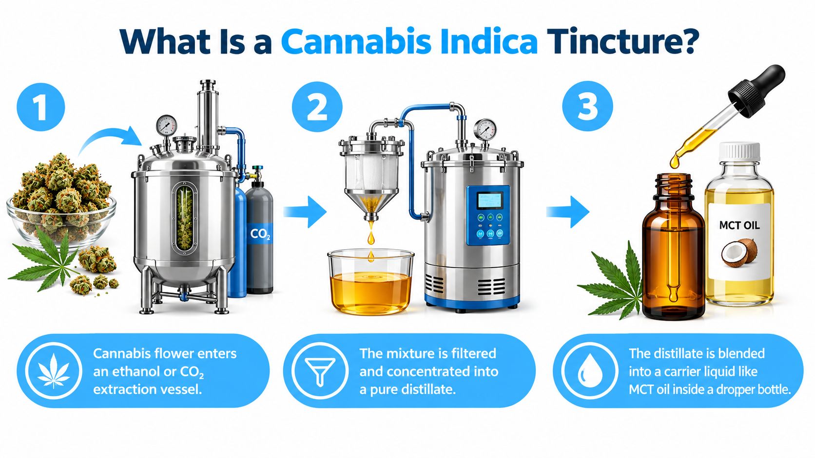 A diagram illustrating the three-step manufacturing process of creating cannabis indica tincture using extraction and blending.
